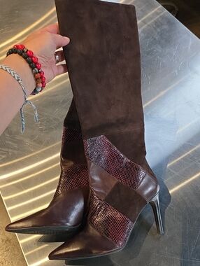 Geox Size 10 Women's Burgundy And Brown Leather Over-the-Knee Stiletto Boots